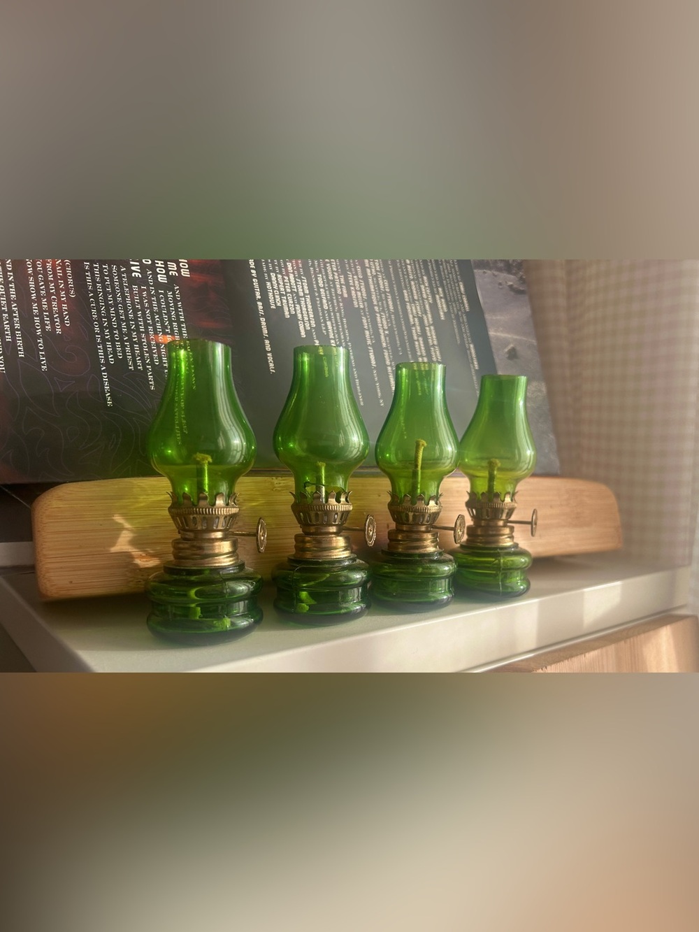 Four Rare Miniature Vintage Emerald Green Glass Oil Lamps / Lanterns